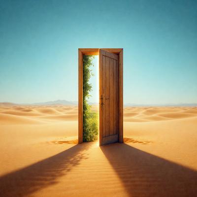 The primary subject of the image is a large wooden door with a green plant growing out of it. The door is open, revealing the plant growing inside. The setting is a desert landscape, with sand and mountains visible in the background. The visual style is a digital art illustration, creating a surreal and intriguing atmosphere. The dominant colors are the sandy tones of the desert, with the green plant adding a pop of color to the scene.